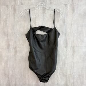 ALIX NYC Black Faux Leather Bodysuit Size M Open Back Cutout Spaghetti Straps